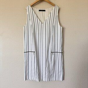 Zara Basic Dress Womens M White Blue Striped Sleeveless Shift Classic Preppy
